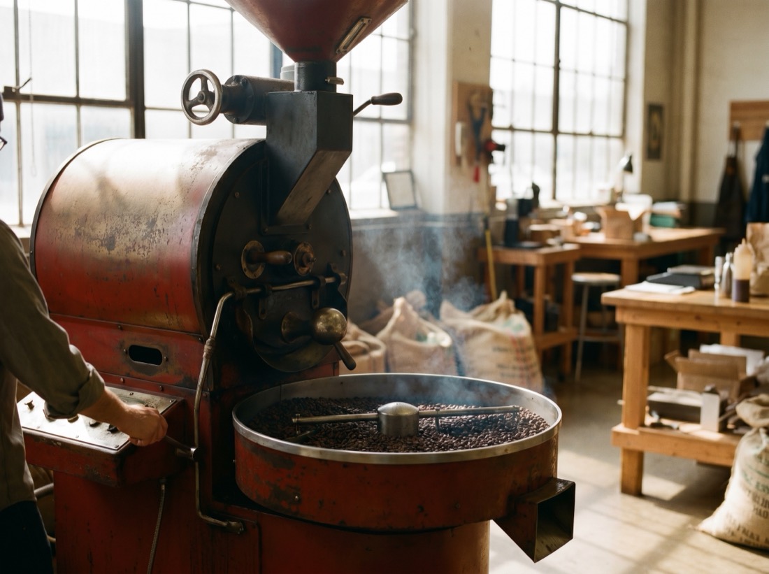 Coffee being roasted on a vintage drum roaster