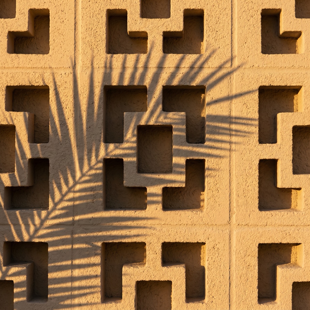 Palm-frond shadow across a sand-colored breeze-block wall