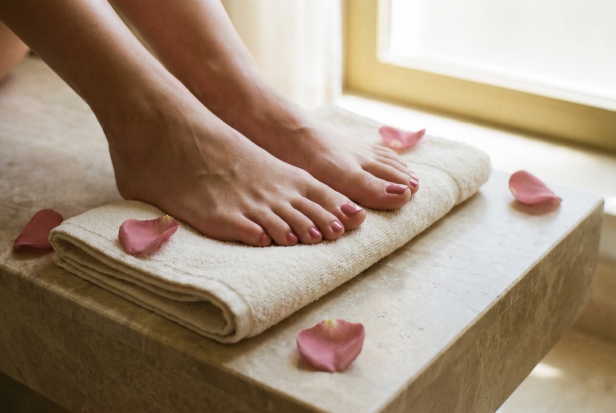 Freshly pedicured rose toenails resting on a towel