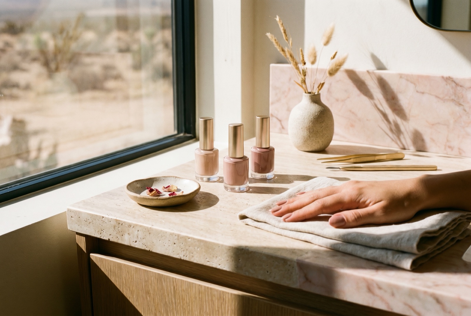 A serene nail spa vanity in warm desert light