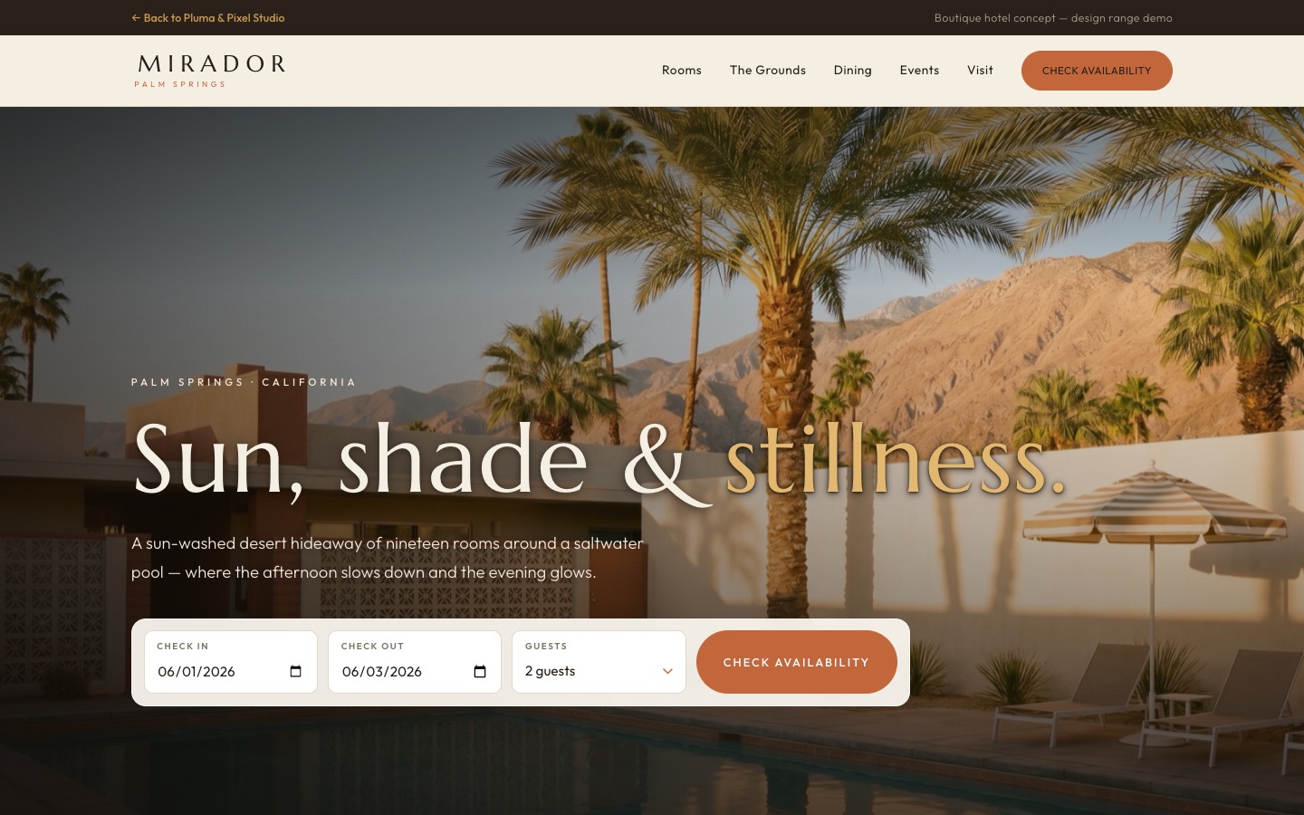 Mirador boutique hotel website concept — full page