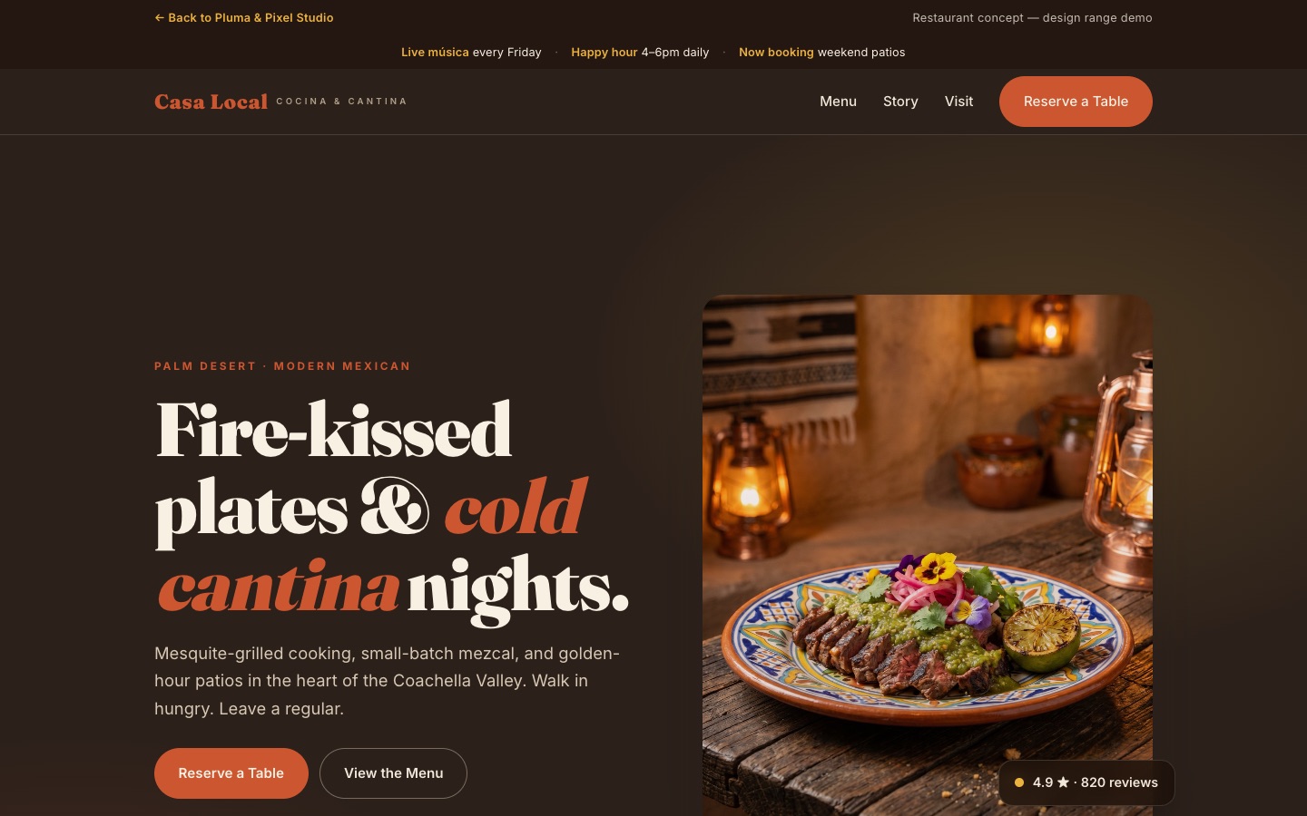 Casa Local restaurant website concept — full page